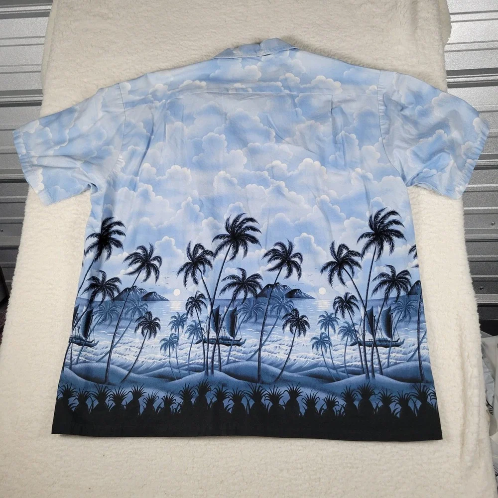 RJC Hawaiian Shirt Mens 3XL Blue‎ Tropical Scenic Palm Tree Short Sleeve Camp